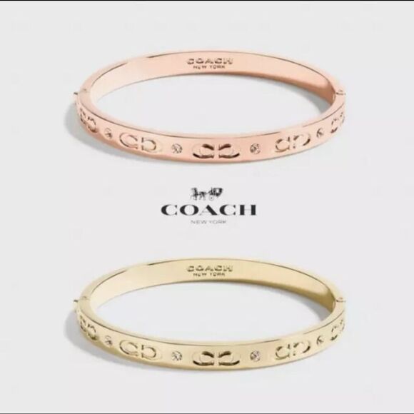 Coach Signature Hinged Rose Gold Bangle Womens Causal Rhinestone Bracelet New - Picture 2 of 4